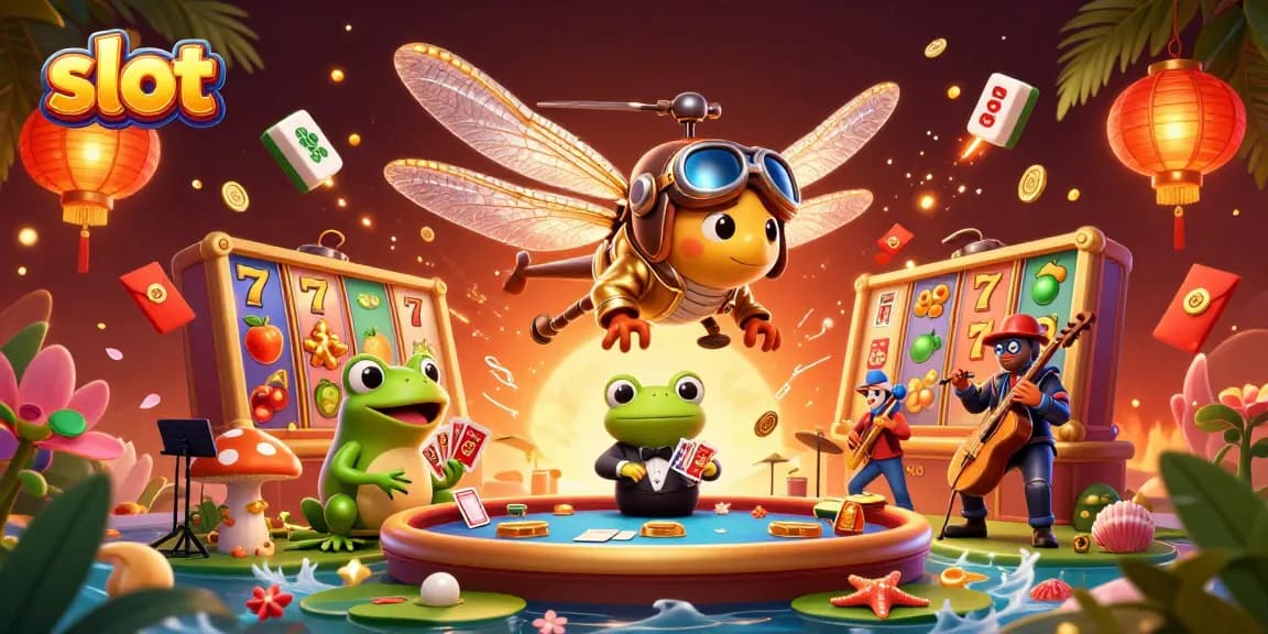 Experience exciting slot gaming with vibrant characters like a dragonfly pilot and frog croupier.