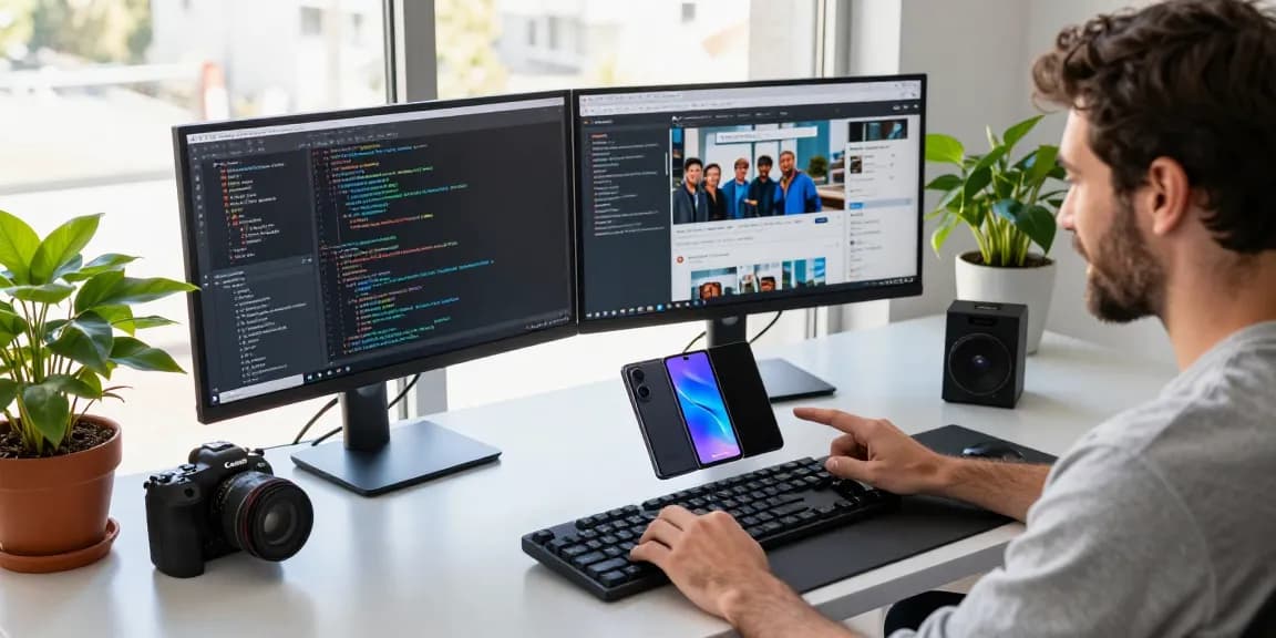 Developer testing a tri-fold phone amidst a tech workspace, showcasing modern gadgets and natural light.