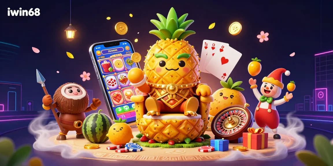 Experience iwin68 with a vibrant 3D casino scene featuring the golden pineapple king and slot games.