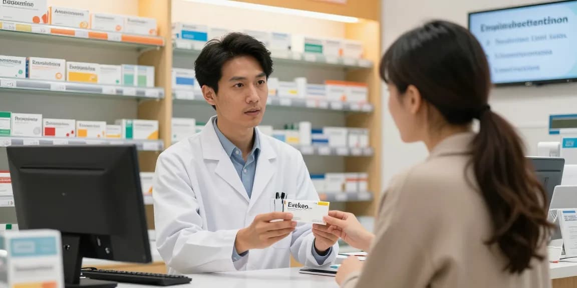 Buy Evekeo online UK in a pharmacy with professionals assisting customers.