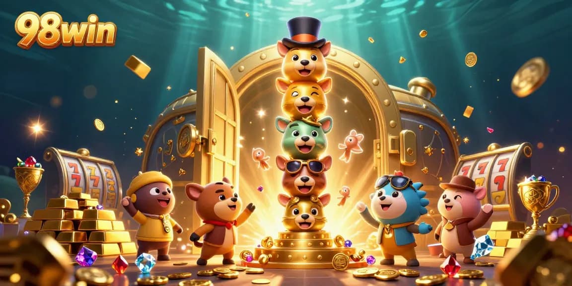 Spin and win with 98win's vibrant golden totem poles surrounded by sparkling jackpots.