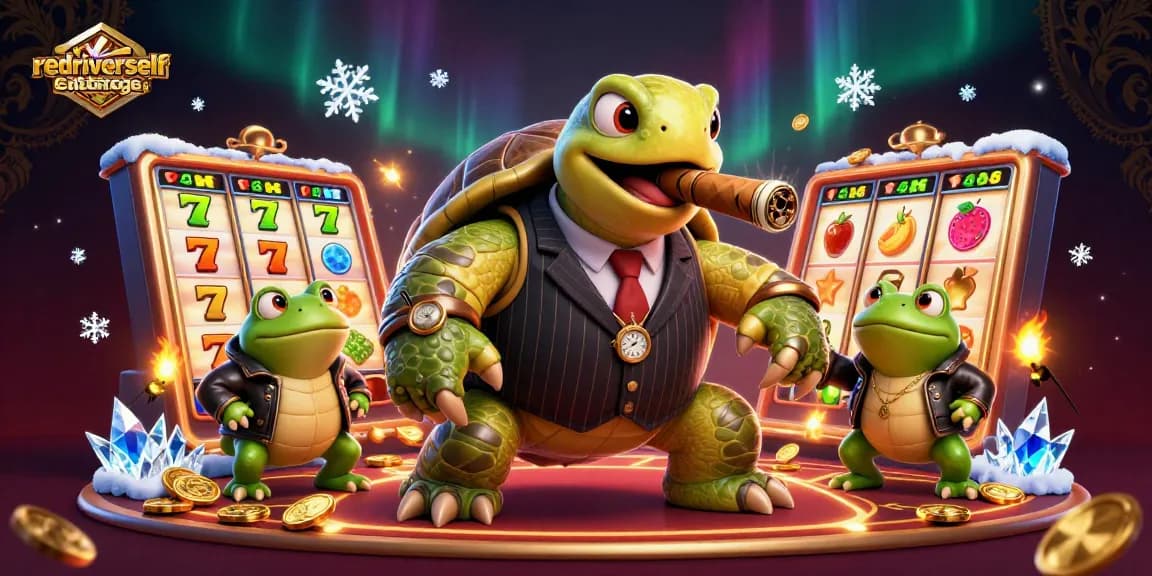 Engage in thrilling gameplay at redriverselfstorage with a vibrant 3D casino scene featuring a snapping turtle and vibrant slot elements.
