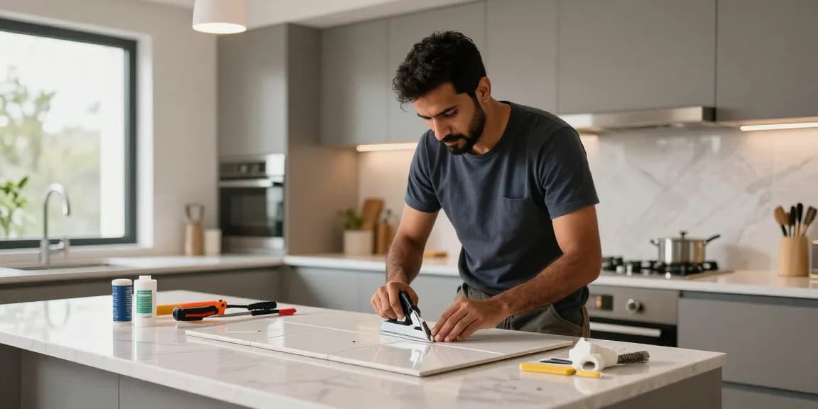 فني سيراميك باكستاني يقوم بتركيب سيراميك عالي الجودة في مطبخ عصري