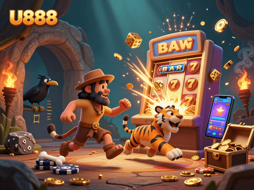 Experience the thrill of gaming action with U888 at a prehistoric casino featuring a caveman duo and vibrant slots.