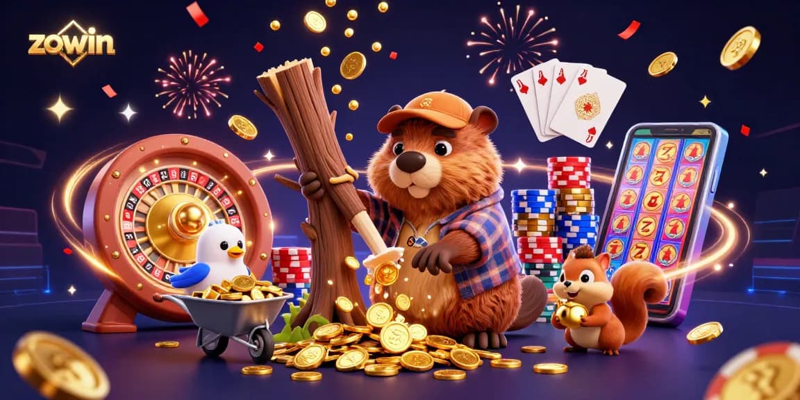 Zowin offers exciting gameplay with vibrant characters amid casino elements and golden coins.