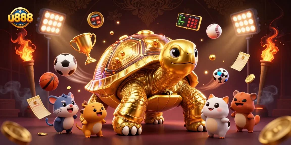 Engage with u888's thrilling gaming adventure featuring a monumental tortoise pinball machine and excited characters.