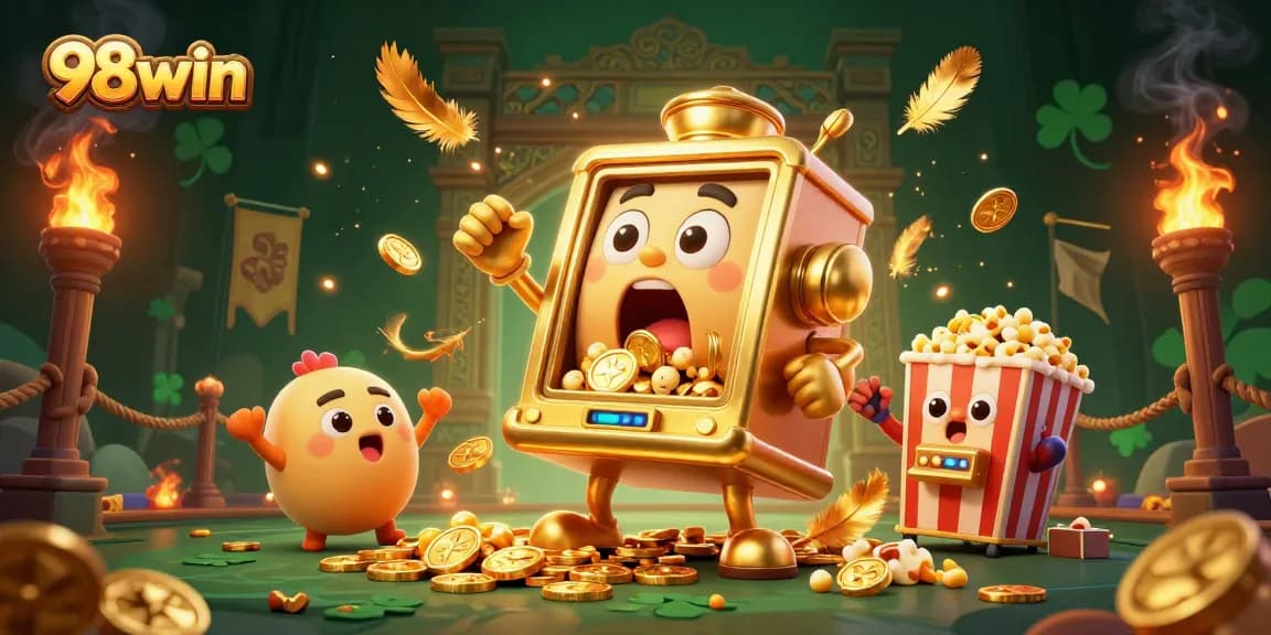 Spin and win at 98win with golden jackpots pouring from a joyful slot machine, celebrating in a vibrant scene.