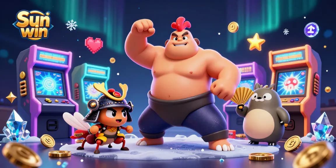 Experience the excitement of Sun win with vibrant casino characters and arcade elements in a dynamic 3D scene.