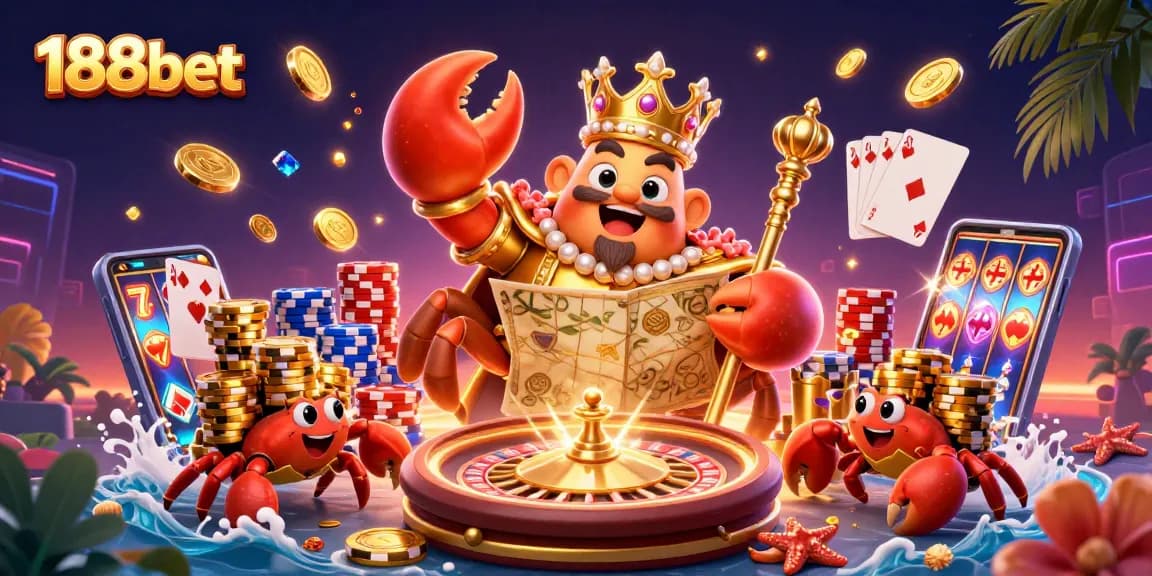 Engage with 188bet's captivating casino scene featuring a golden crab emperor and vibrant gaming elements.