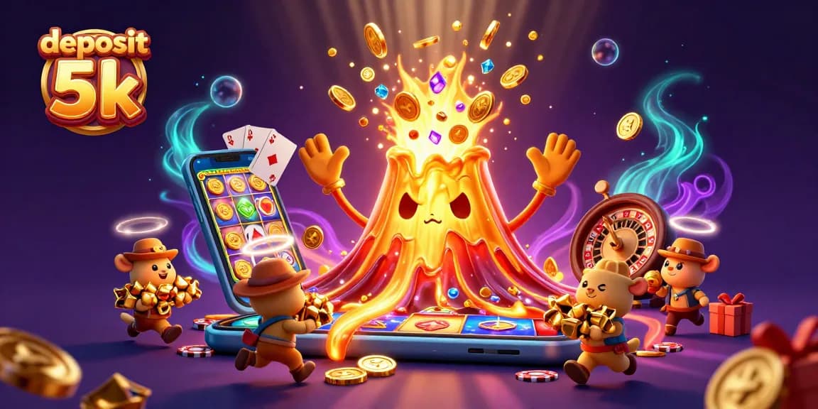 Engage in thrilling gameplay with deposit 5k slot experience featuring a golden volcano erupting treasures.