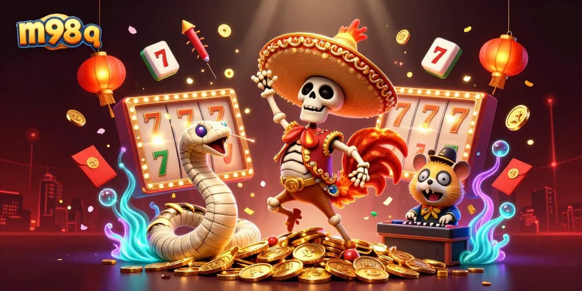 Spin and win with m98 q – a vibrant illustration of a lively casino celebration featuring characters and gaming elements.