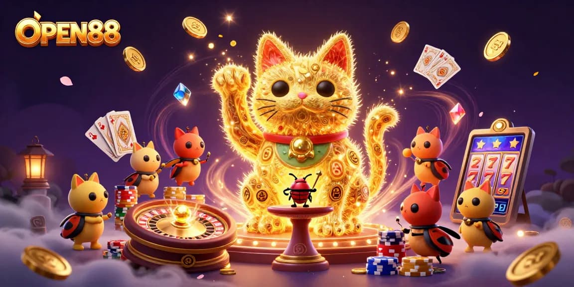 Engage with OPEN88's gaming magic featuring a giant lucky cat and dynamic casino elements.