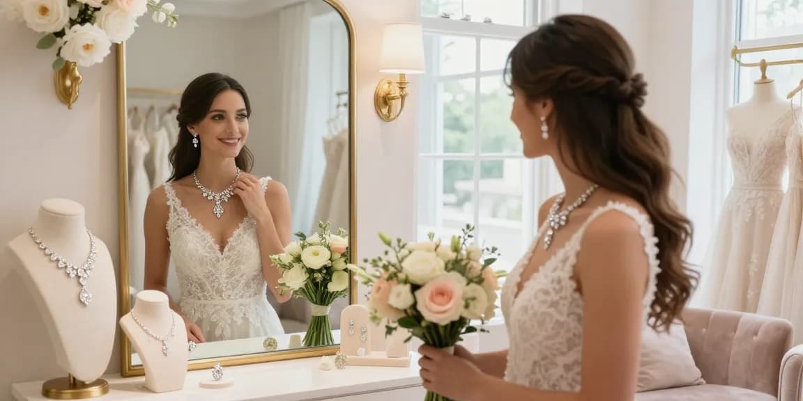 Bridal diamond necklace showcased on a bride-to-be in an elegant boutique setting, enhancing her joy and elegance.