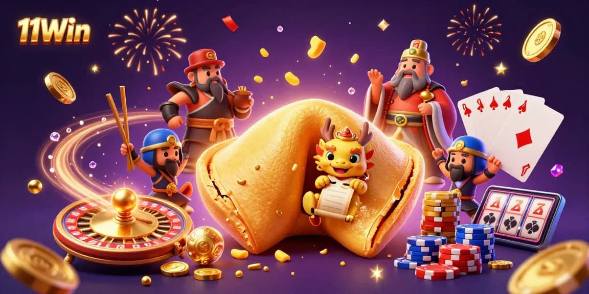 Experience the thrill of 11Win with a vibrant casino scene featuring dynamic characters and gaming elements.