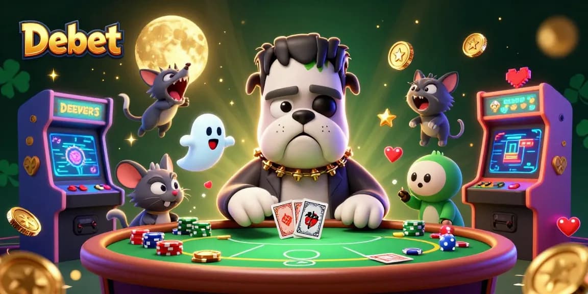 Engage with Debet at a dynamic casino scene featuring a Frankenstein bulldog, ghost mouse, and werewolf kitten.