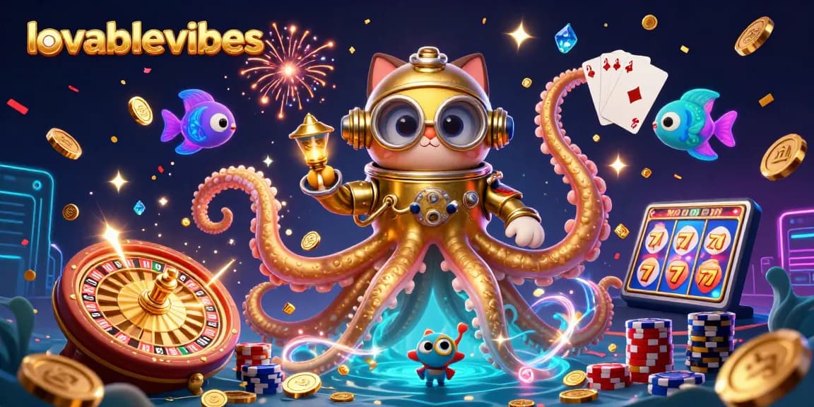 Experience thrilling gameplay at lovablevibes with a captivating 3D casino adventure illustration featuring a kraken and diving cat.