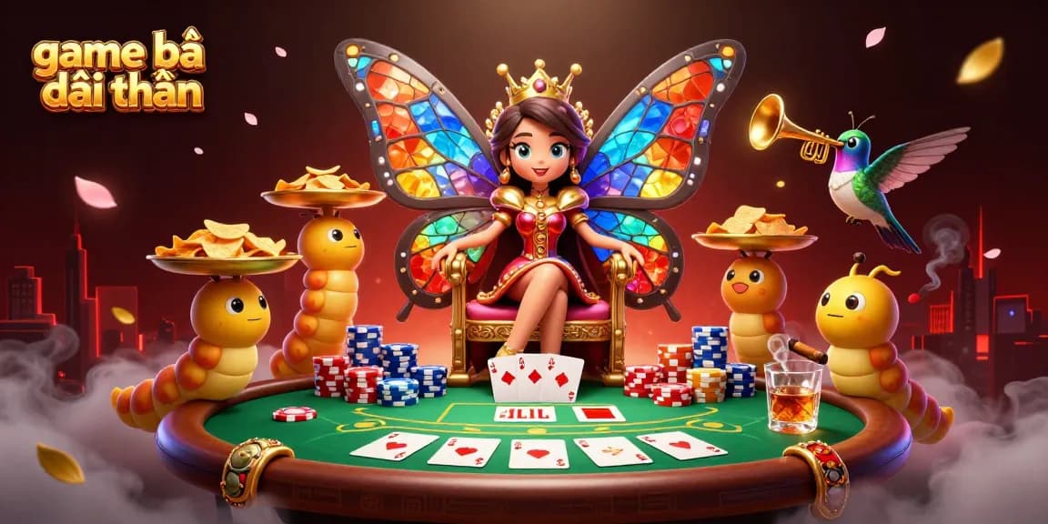 Experience the thrill of game bài đổi thưởng with vibrant casino elements featuring a butterfly queen in an engaging scene.