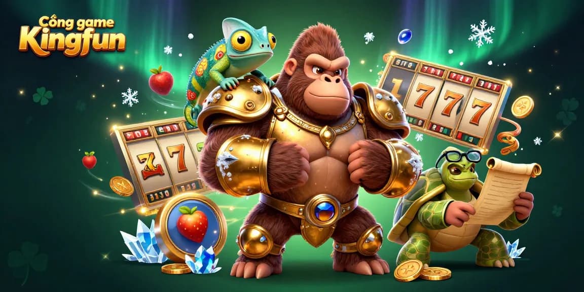 Experience thrilling moments on the Cổng game Kingfun with a vibrant 3D casino scene featuring vibrant characters and slot elements.