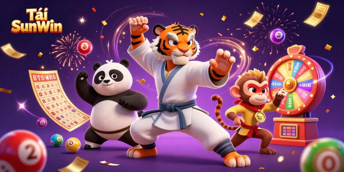 Tải SunWin features an exciting 3D scene with kung fu characters engaging in fun casino activities, showcasing colorful lottery elements and a vibrant atmosphere.