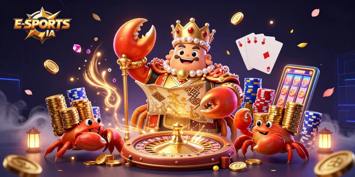 E-SPORTS IA showcases a vibrant scene with a golden crab emperor in an exciting gaming world.