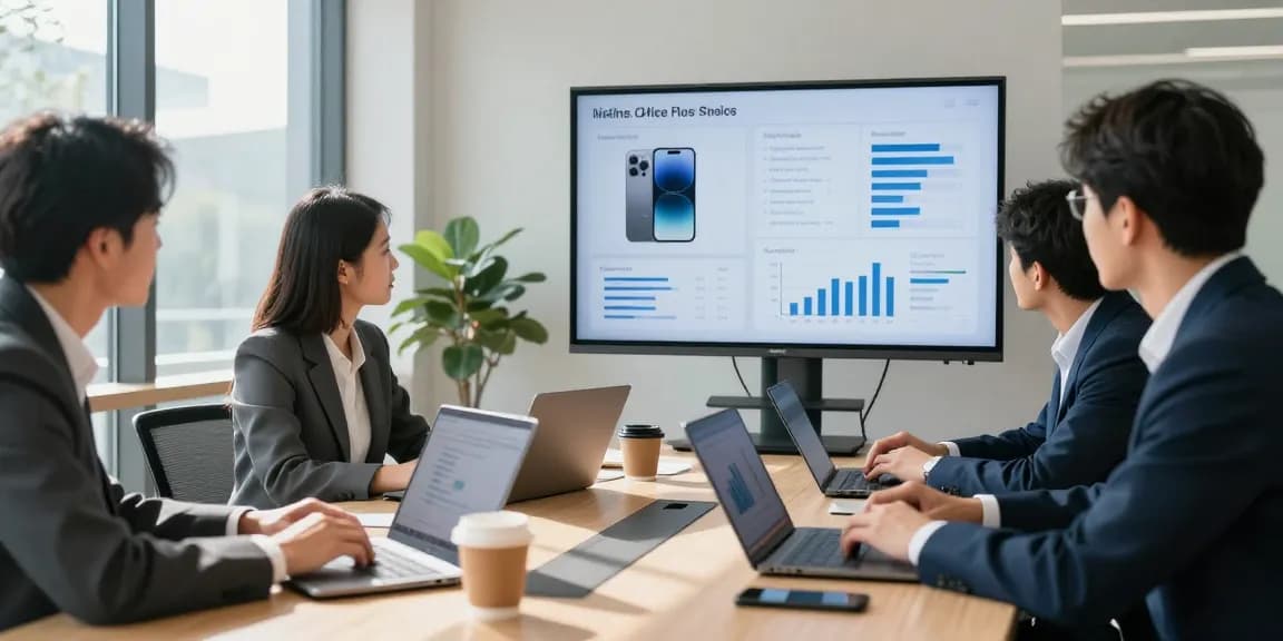 Business professionals examining cheap business mobile deals in a collaborative office environment.