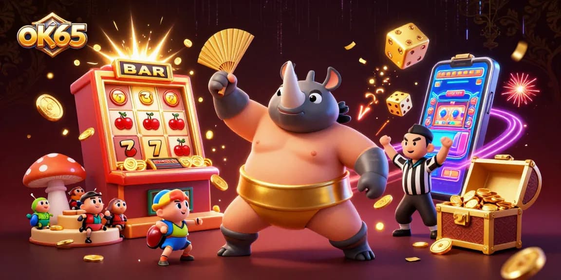 Spin to win with ok65: A vibrant 3D casino scene featuring a beetle champion and amazing wins!