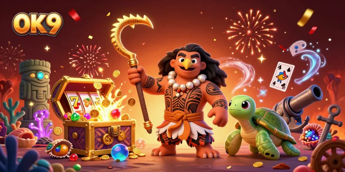 Engage in thrilling slots at OK 9 with vibrant characters and dazzling casino elements.