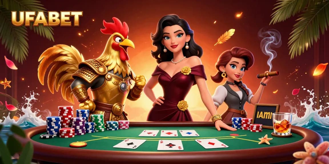 Join the excitement at UFABET with a vibrant casino scene showcasing glamorous characters and rich gaming elements.