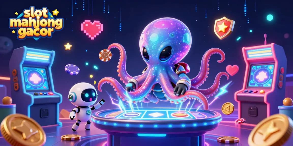 Engage in the exciting world of slot mahjong gacor with a vibrant scene featuring a colorful 3D cartoon alien octopus and a robot.