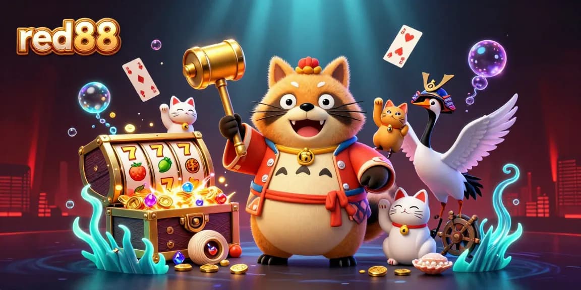 Engage with exciting red88 slot games featuring a cheerful tanuki and lucky symbols in a vibrant digital scene.