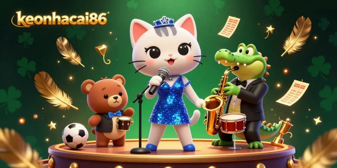 Engage with keonhacai86 as a playful cat singer and colorful animal band perform in a vibrant casino scene.