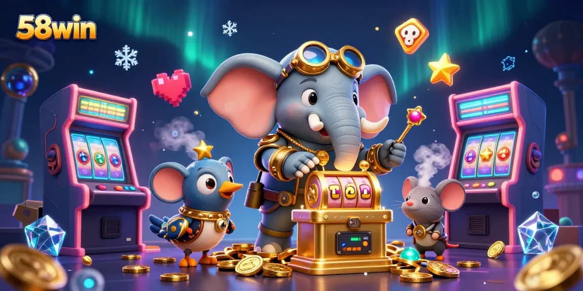 Spin the 58win slot machine with vibrant graphics in this thrilling casino scene.