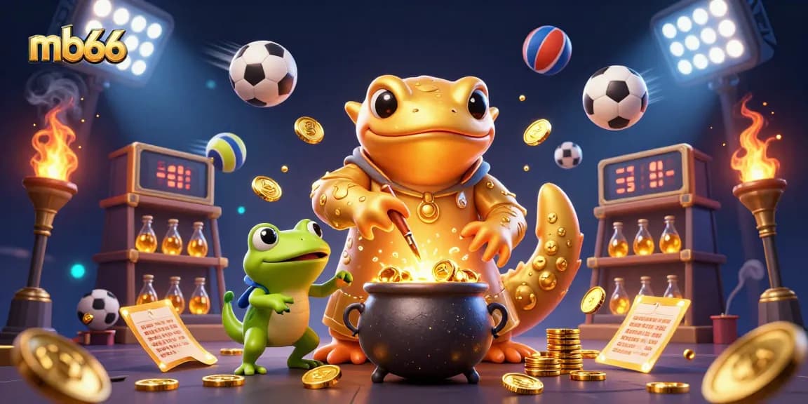 mb66 sports betting scene with golden salamander alchemist and frog apprentice amidst dynamic game elements