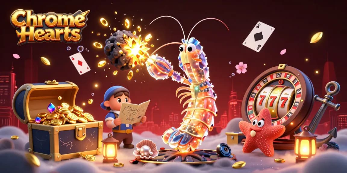 Chrome Hearts illustration featuring a mantis shrimp and starfish playing roulette, surrounded by vibrant casino elements.