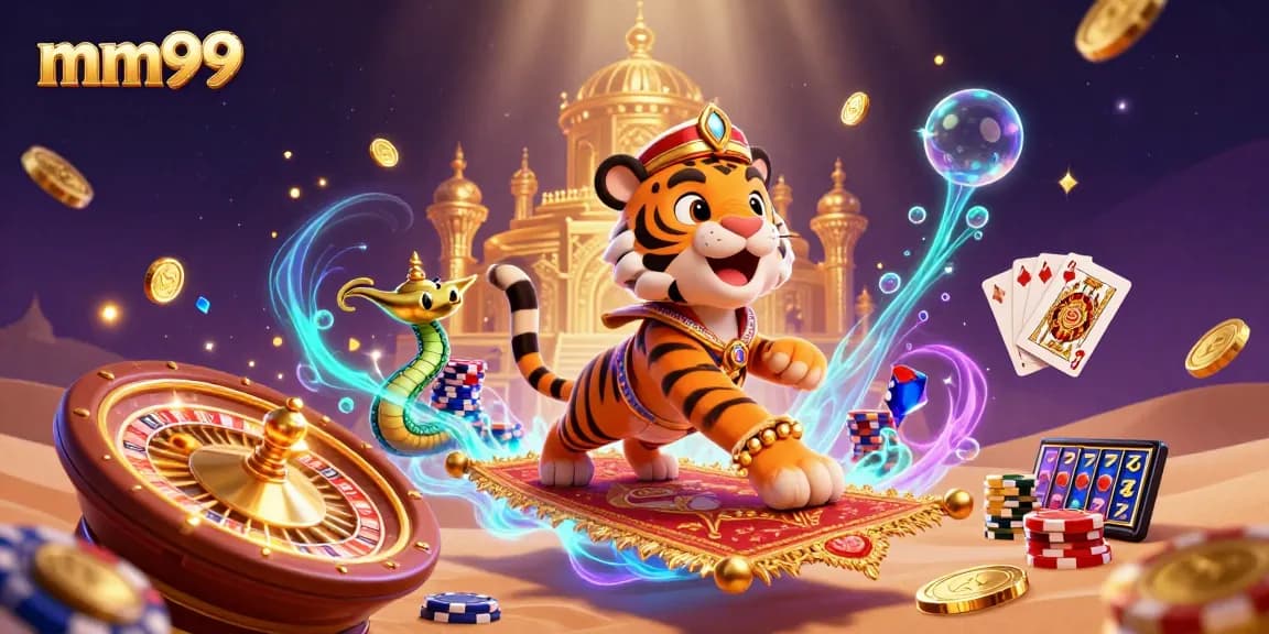 Win big at mm99 with dazzling casino-themed illustration featuring a sultan on a carpet of poker chips.