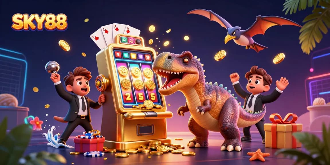 SKY88 features a pachycephalosaurus winning jackpots in a vibrant casino scene.