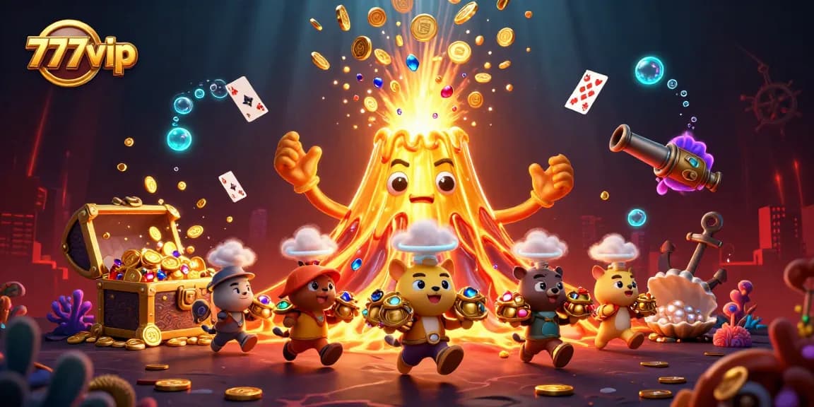 Join the excitement at 777vip with a triumphant golden volcano showering treasures in a vibrant casino world.