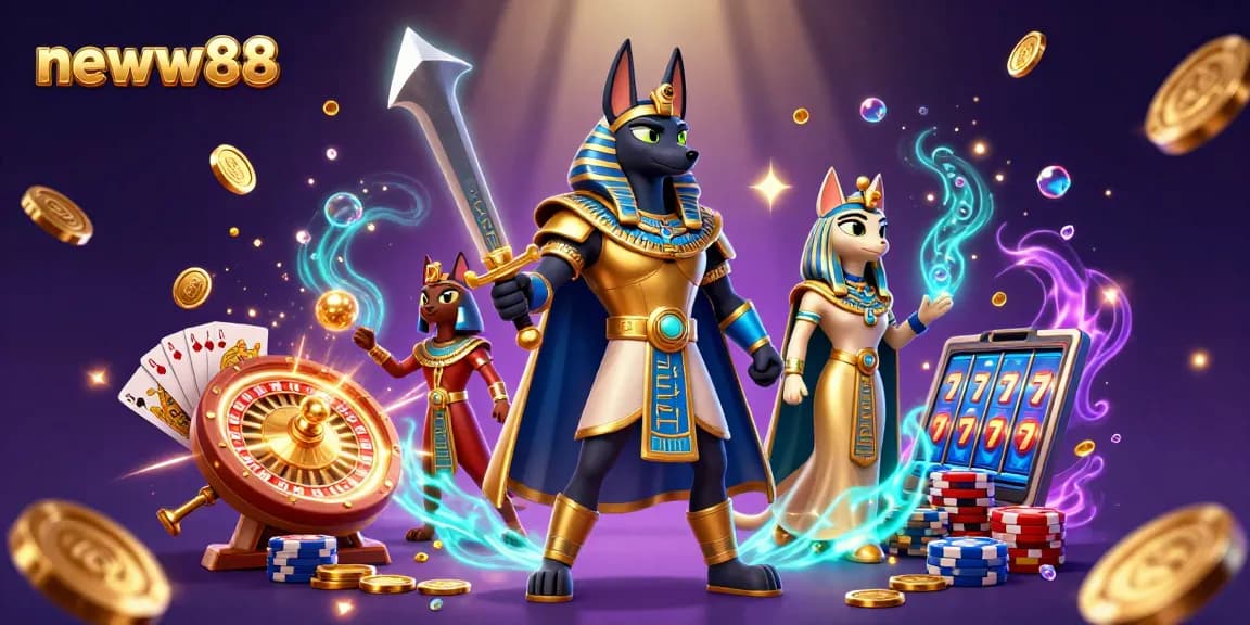 Experience thrilling gaming action with neww88, featuring a dynamic 3D scene with Anubis and Bastet.