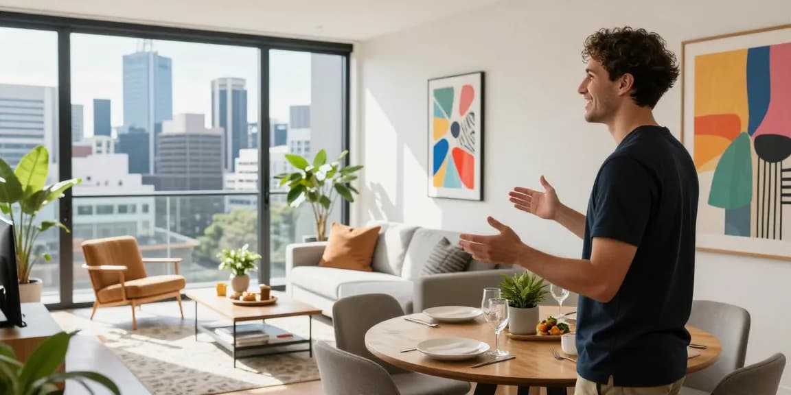 Melbourne short-term rental management inviting scene with stylish apartment, host welcoming guests and vibrant interior.