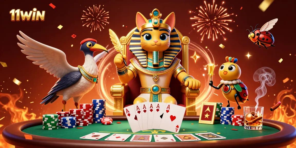 Win big at 11WIN with rich casino scenes featuring a royal pharaoh, poker, and festive energy.
