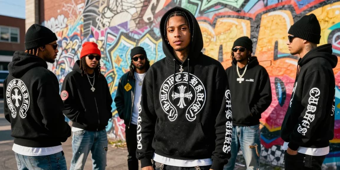 Stylish individual showcasing Chrome Hearts clothing in urban setting with creative graffiti, emphasizing luxury streetwear.