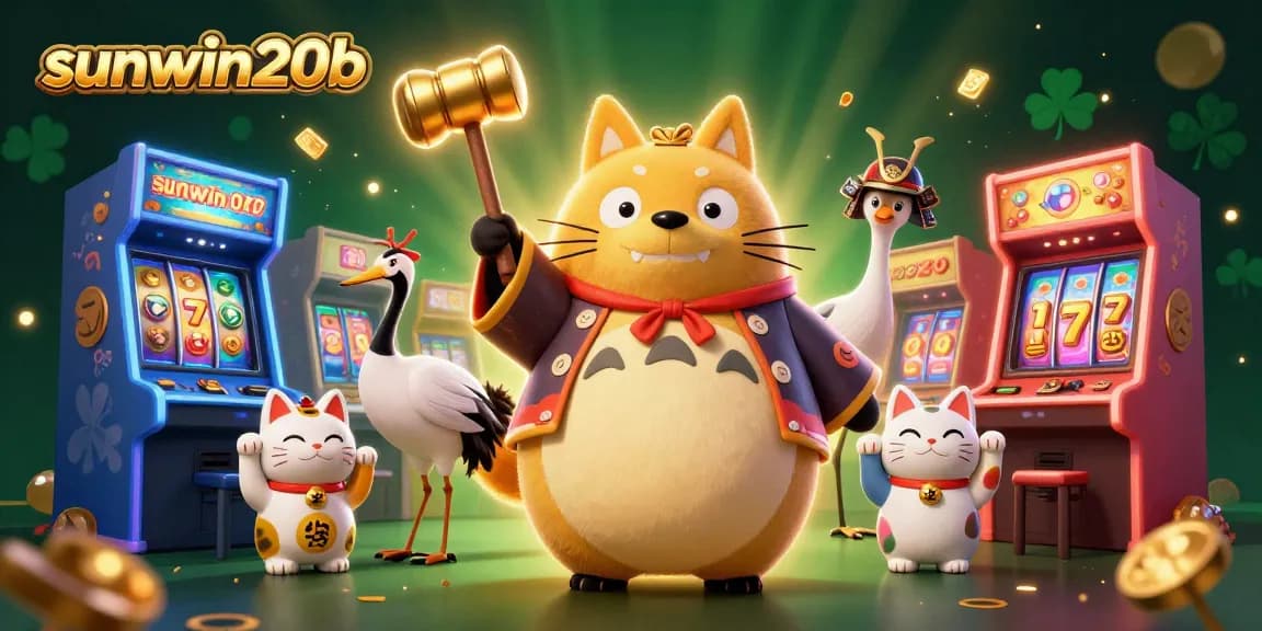 Experience excitement at sunwin20b with a vibrant 3D illustration of lucky symbols and games.