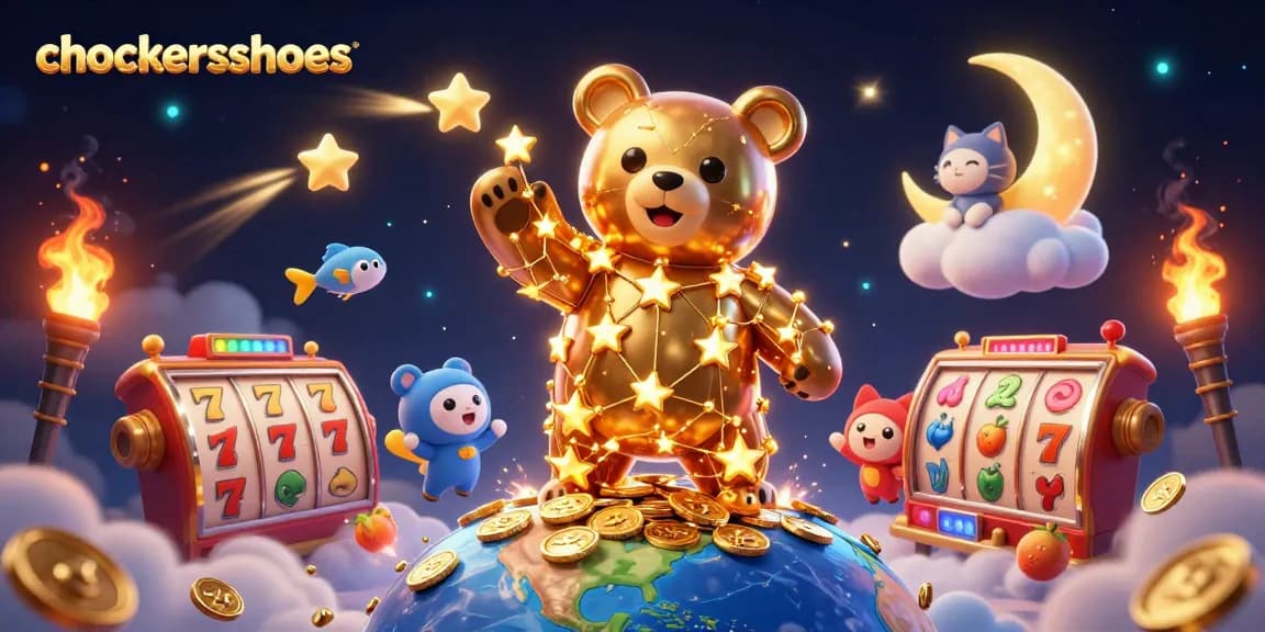 Chockersshoes' constellation bear embodies casino magic while scooping coins amidst slot excitement.