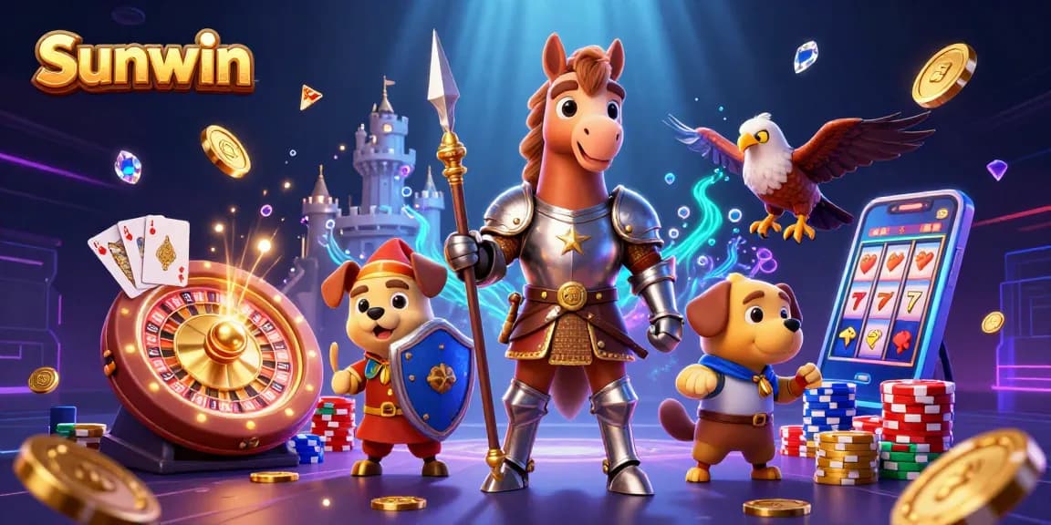 Experience thrilling game moments at Sunwin with vibrant characters and shimmering casino elements.