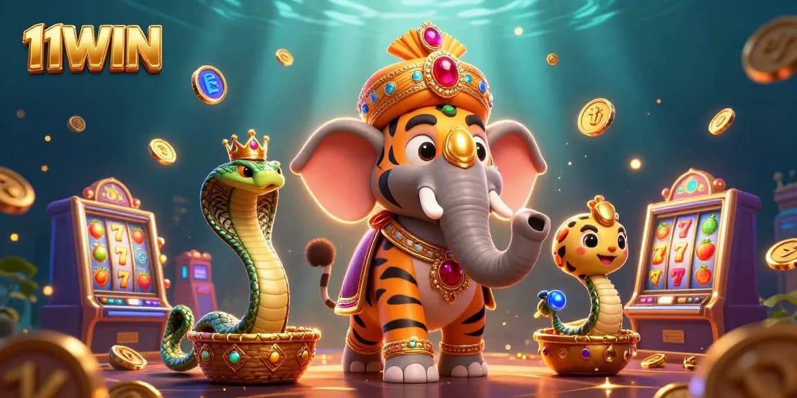 Experience thrilling spins with 11WIN in a vibrant casino scene featuring a tiger and elephant.