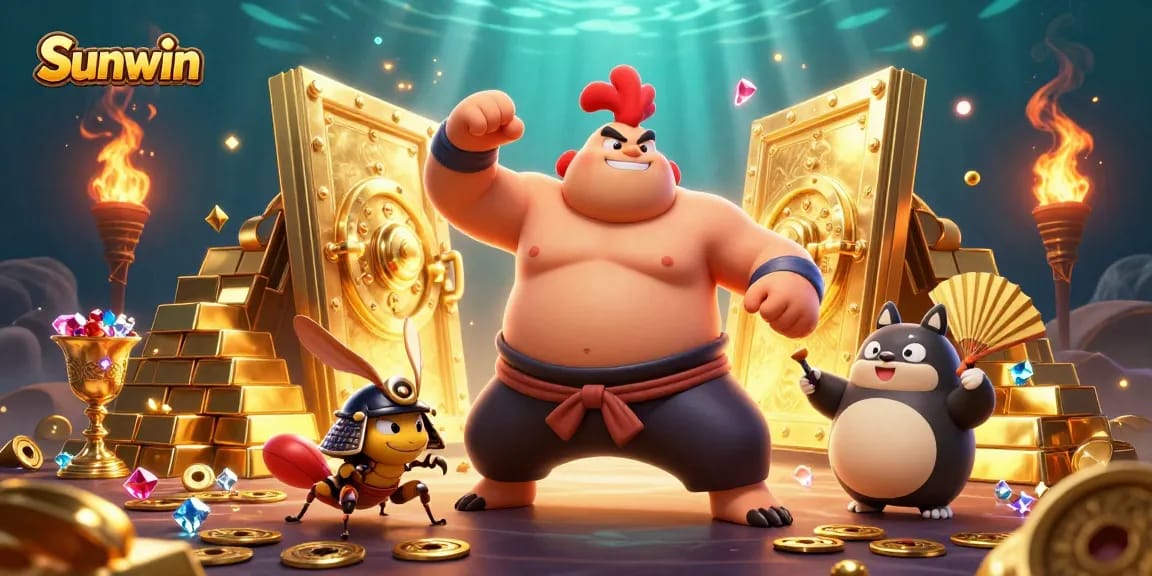 Experience thrilling gameplay with Sunwin, featuring a powerful sumo rooster and samurai cricket in a vibrant casino scene.