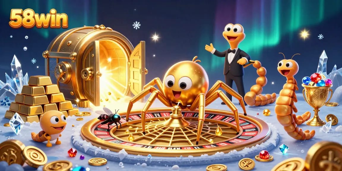 Experience thrilling betting excitement at 58win with a vibrant casino-themed illustration featuring a spider, a fly, and a centipede.