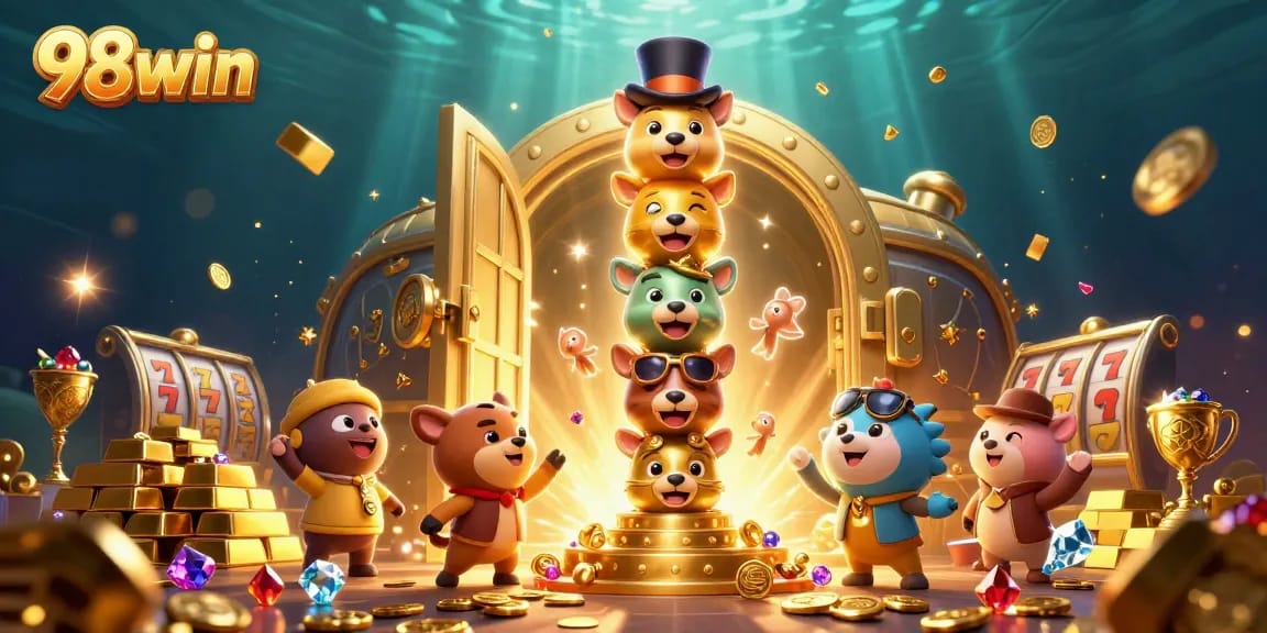 Spin and win with 98win's vibrant golden totem poles surrounded by sparkling jackpots.