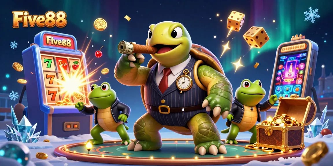 Experience the thrill of Five88 with a dynamic 3D casino scene featuring a snapping turtle and bullfrog enforcers.