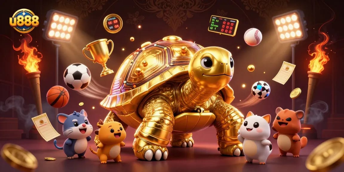 Engage with u888's thrilling gaming adventure featuring a monumental tortoise pinball machine and excited characters.